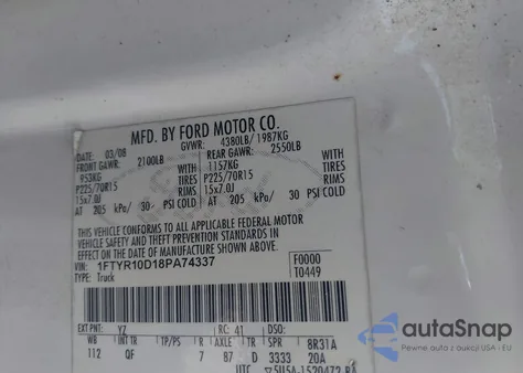 2008 Ford Ranger Xl/Xlt z USA, uszkodzony, nr VIN 1FTYR10D18PA74337